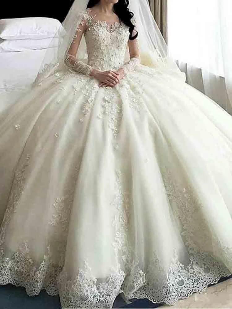 Glamorous Long Ball Gown Lace Beaded Wedding Dresses with Sleeves by BIZTUNNEL