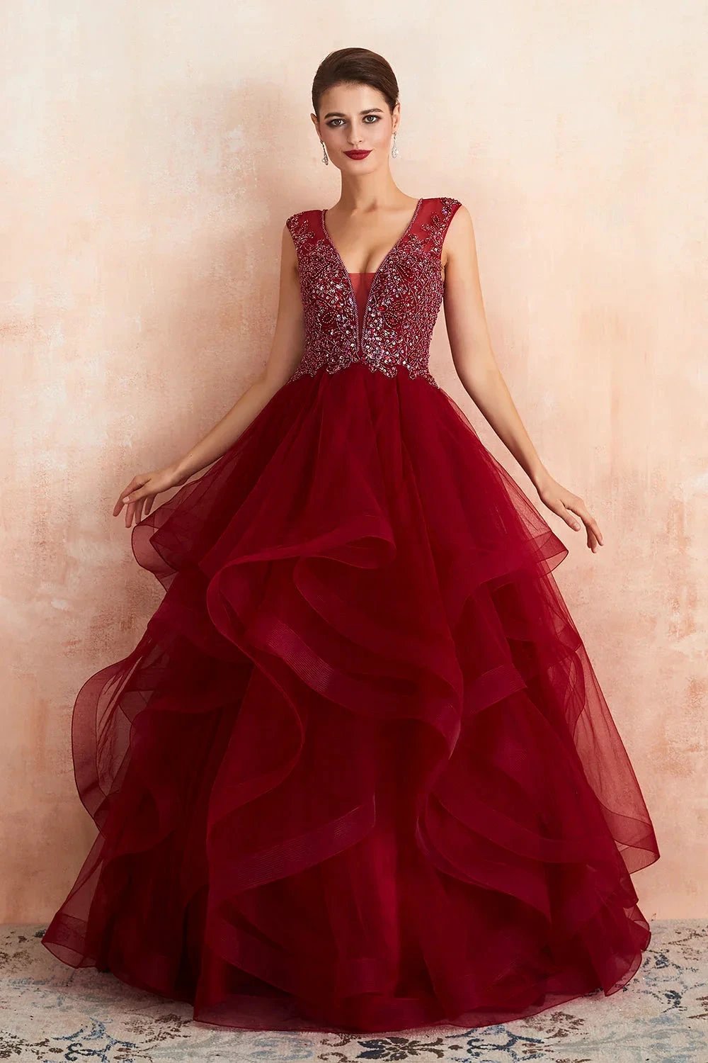 Glamorous Long Ball Gown V-neck Tulle Burgundy Prom Dress by BIZTUNNEL