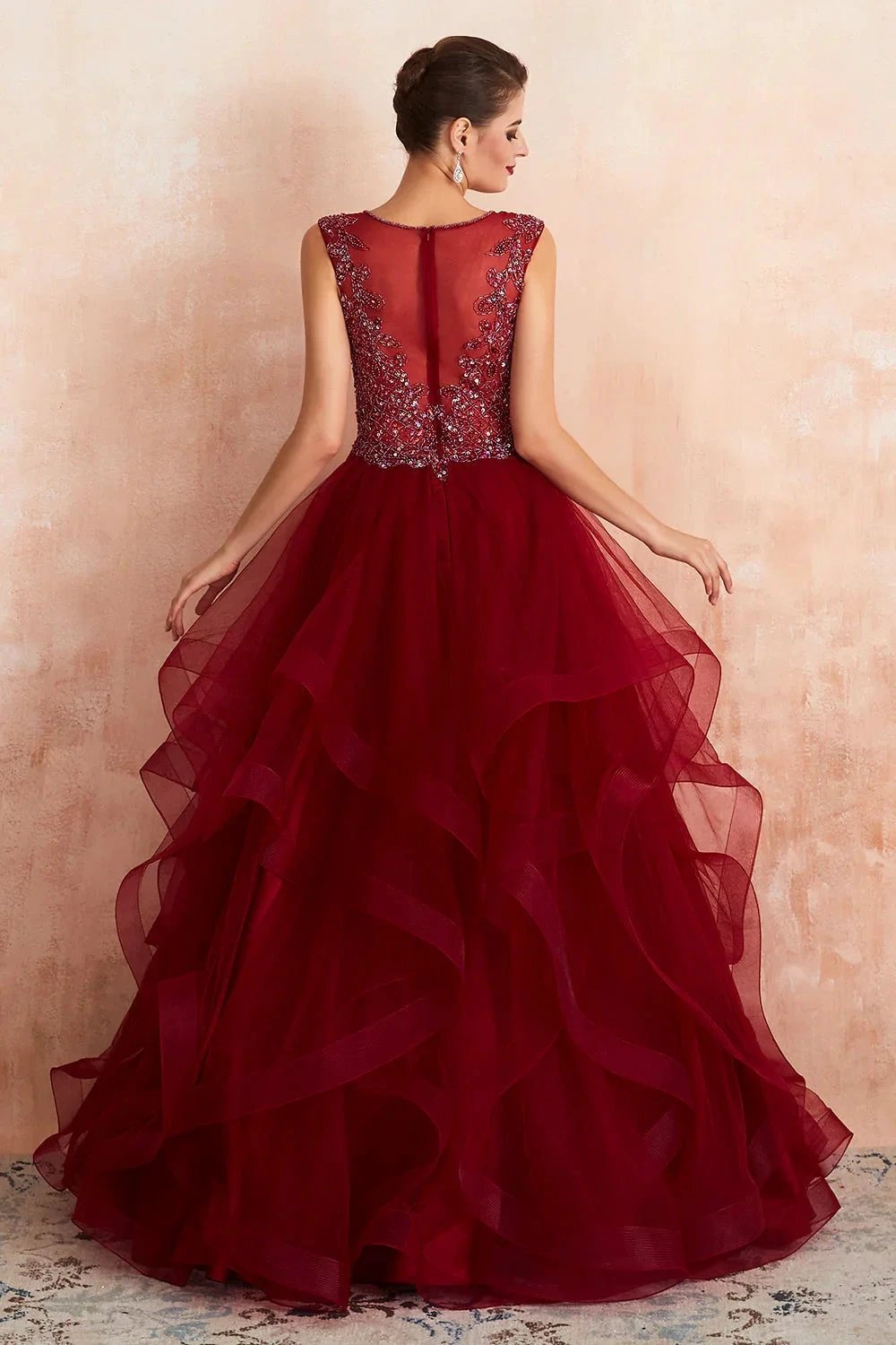 Glamorous Long Ball Gown V-neck Tulle Burgundy Prom Dress by BIZTUNNEL