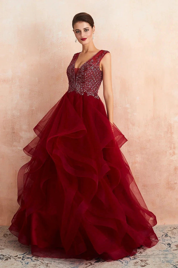 Glamorous Long Ball Gown V-neck Tulle Burgundy Prom Dress by BIZTUNNEL