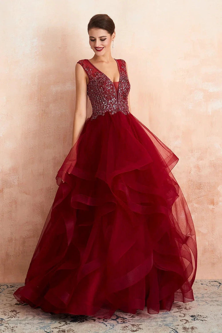 Glamorous Long Ball Gown V-neck Tulle Burgundy Prom Dress by BIZTUNNEL
