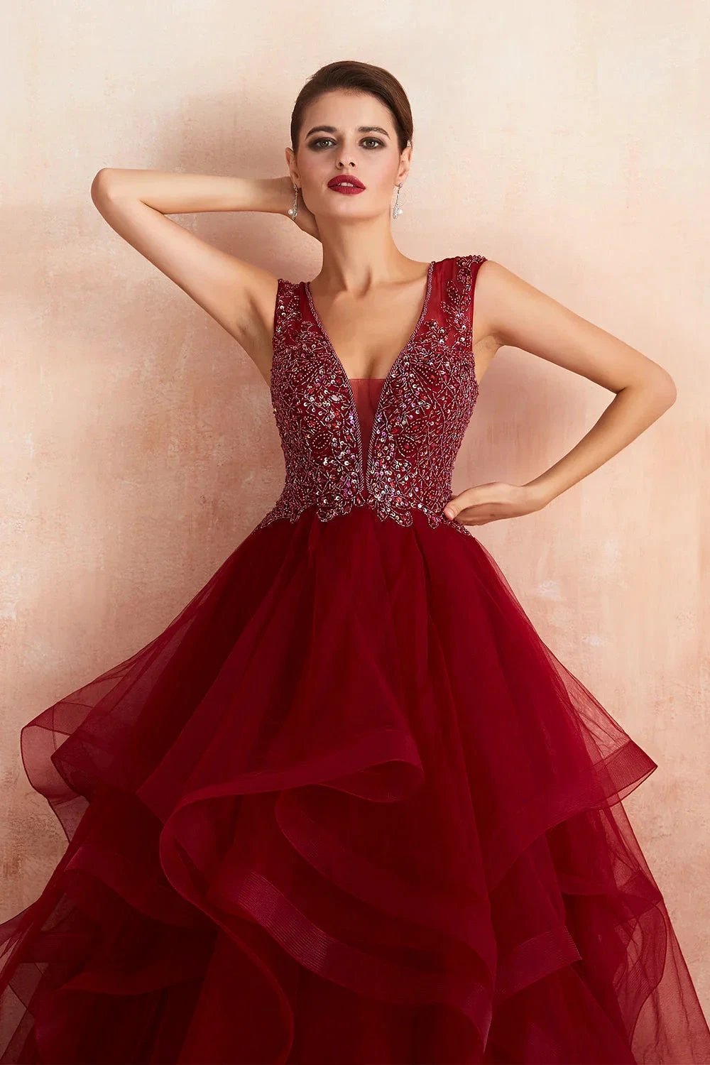 Glamorous Long Ball Gown V-neck Tulle Burgundy Prom Dress by BIZTUNNEL