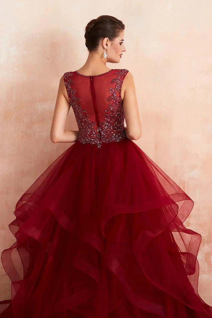 Glamorous Long Ball Gown V-neck Tulle Burgundy Prom Dress by BIZTUNNEL