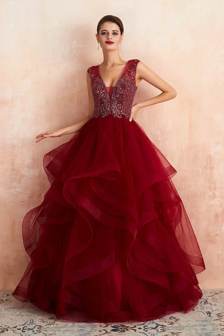 Glamorous Long Ball Gown V-neck Tulle Burgundy Prom Dress by BIZTUNNEL