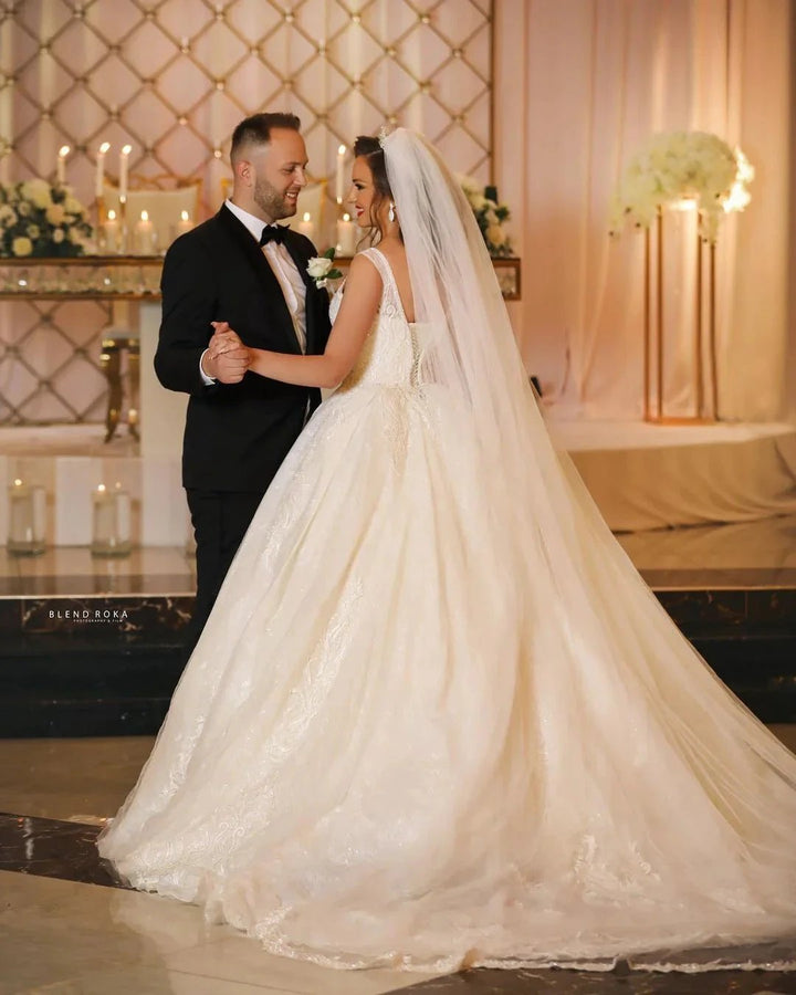 Glamorous Long Ball Gown V-neck Tulle Wedding Dress with Lace Appliques by BIZTUNNEL