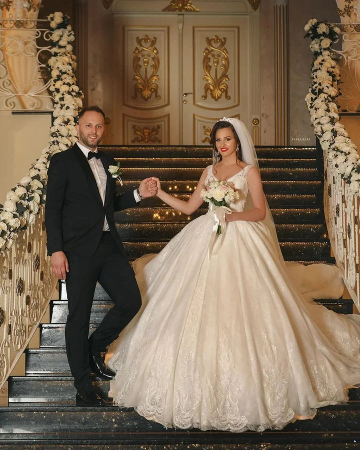 Glamorous Long Ball Gown V-neck Tulle Wedding Dress with Lace Appliques by BIZTUNNEL