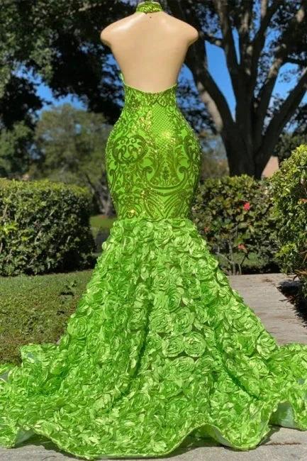 Glamorous Long Green Sequined Halter Flower Mermaid Satin Prom Dress by misshow.com