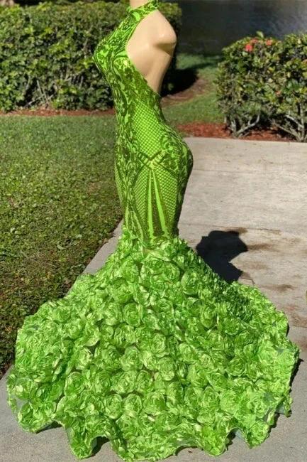 Glamorous Long Green Sequined Halter Flower Mermaid Satin Prom Dress by misshow.com