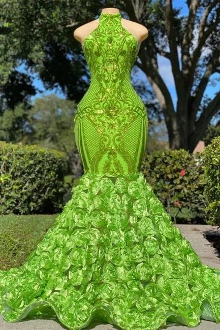 Glamorous Long Green Sequined Halter Flower Mermaid Satin Prom Dress by misshow.com