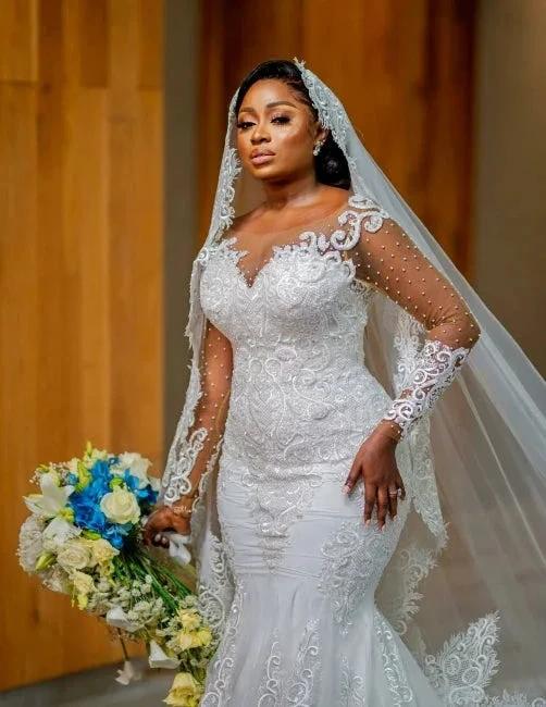 Glamorous Long Mermaid Appliques Long Sleeves Wedding Dresses With Lace by misshow.com
