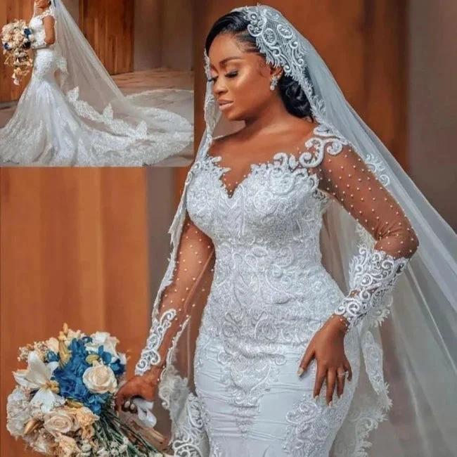 Glamorous Long Mermaid Appliques Long Sleeves Wedding Dresses With Lace by misshow.com