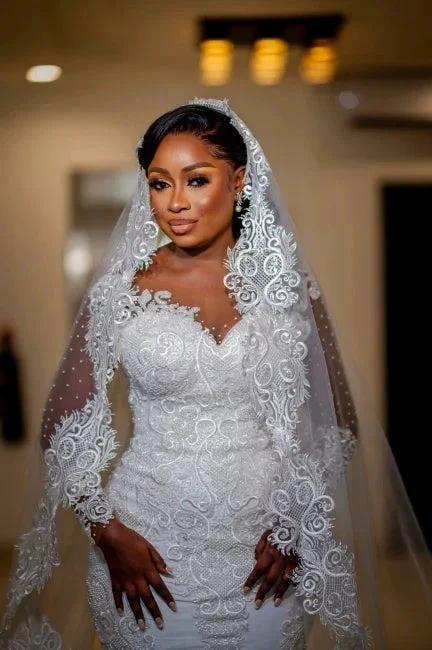 Glamorous Long Mermaid Appliques Long Sleeves Wedding Dresses With Lace by misshow.com