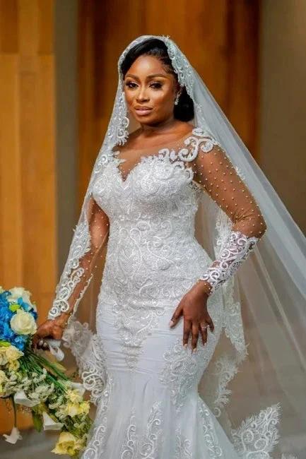 Glamorous Long Mermaid Appliques Long Sleeves Wedding Dresses With Lace by misshow.com