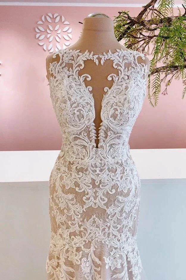 Glamorous Long Mermaid Bateau Appliques Lace Tulle Wedding Dress by BIZTUNNEL