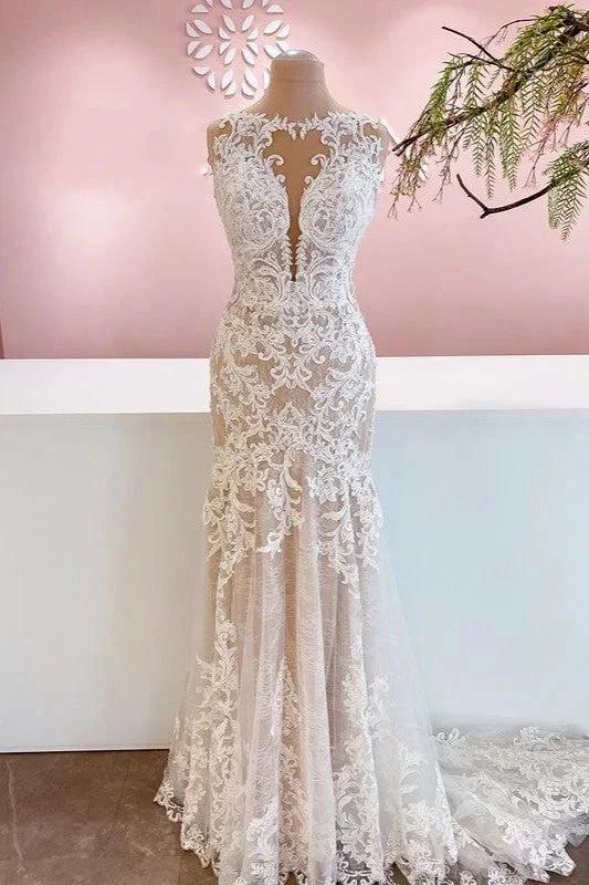 Glamorous Long Mermaid Bateau Appliques Lace Tulle Wedding Dress by BIZTUNNEL