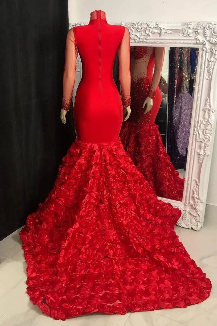 Glamorous Long Mermaid High Neck Flowers Sequined Prom Dress With Long Sleeves by misshow.com