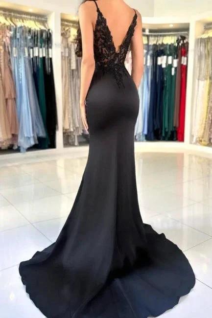 Glamorous Long Mermaid V-neck Spaghetti Straps Lace Prom Dress with Slit by misshow.com
