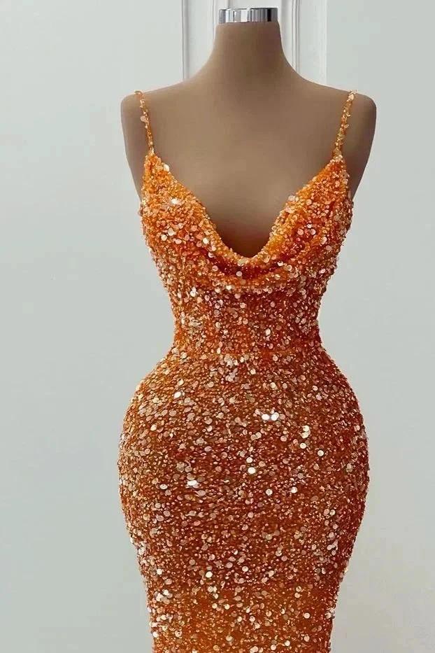 Glamorous Long Orange Spaghetti Straps Sequined Sleeveless Mermaid Prom Dress by misshow.com