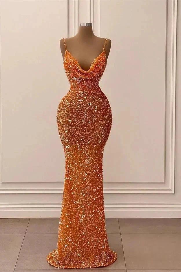 Glamorous Long Orange Spaghetti Straps Sequined Sleeveless Mermaid Prom Dress by misshow.com