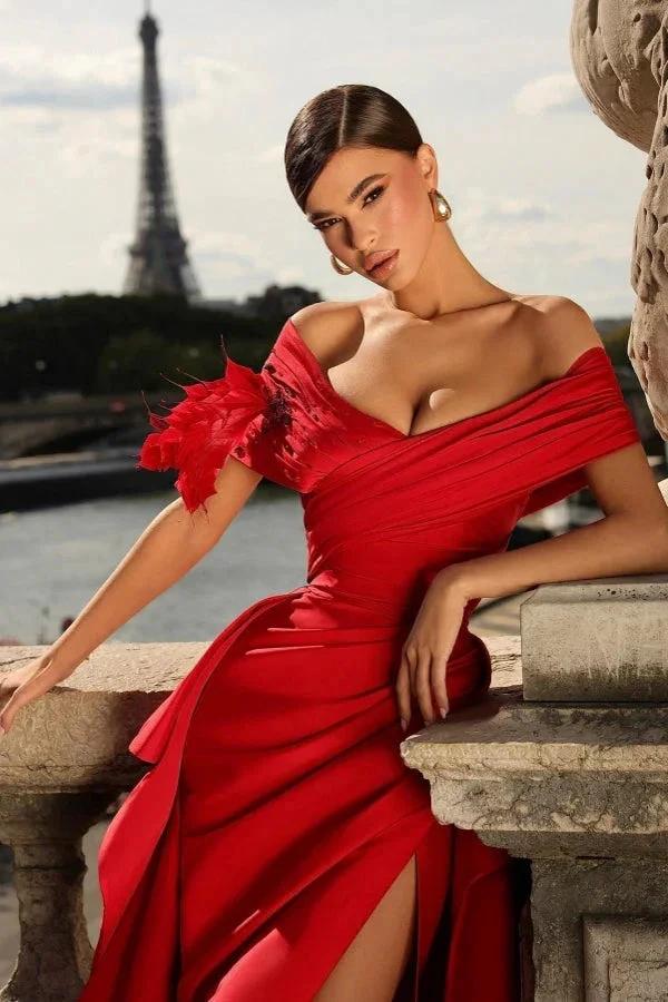 Glamorous Long Red A-line Off-the-shoulder Ruffles Prom Dress with Slit by misshow.com