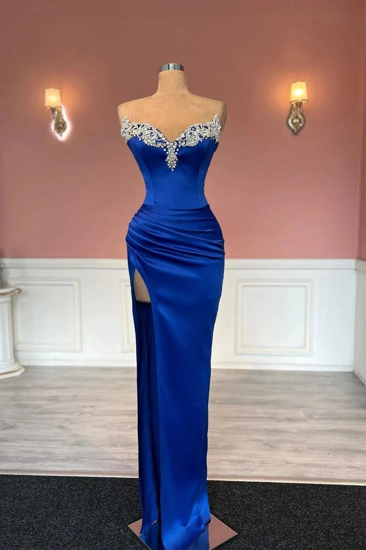Glamorous Long Royal Blue Column Jewels Strapless Prom Dress With Slit by misshow.com