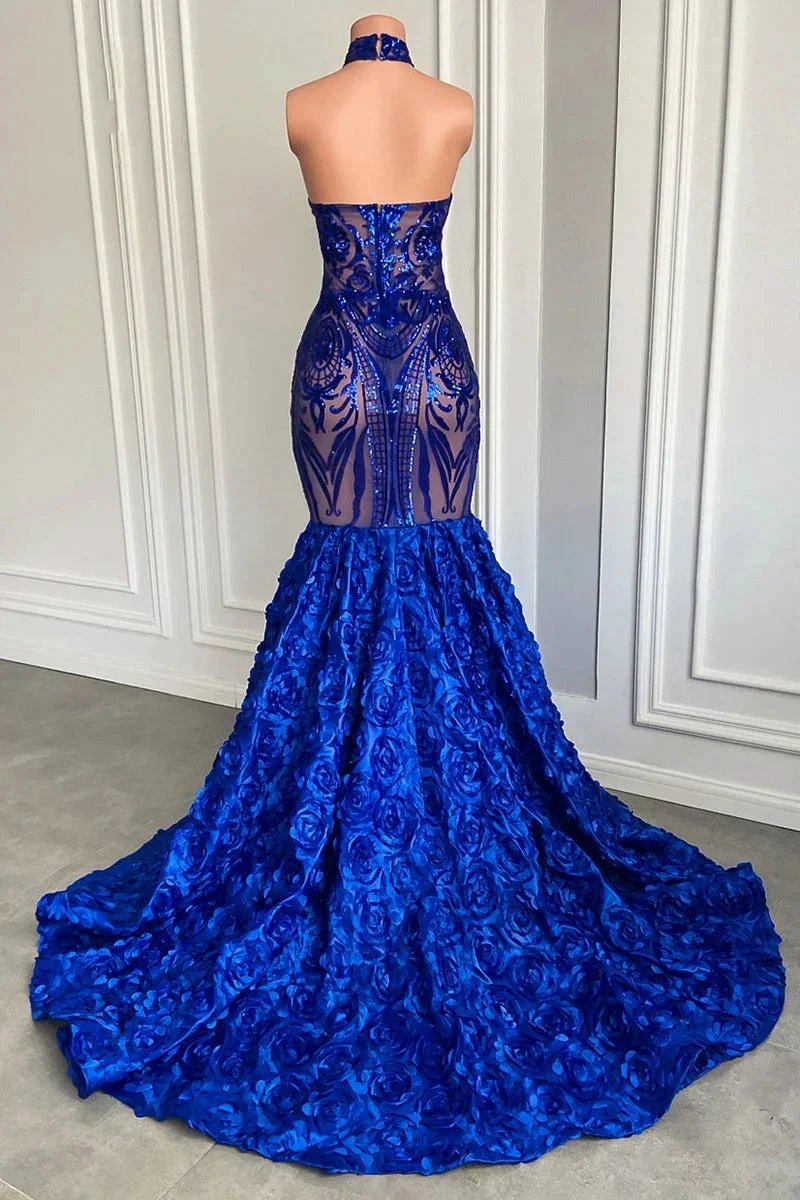 Glamorous Long Royal Blue Halter Lace Flowers Sleeveless Mermaid Prom Dress by misshow.com