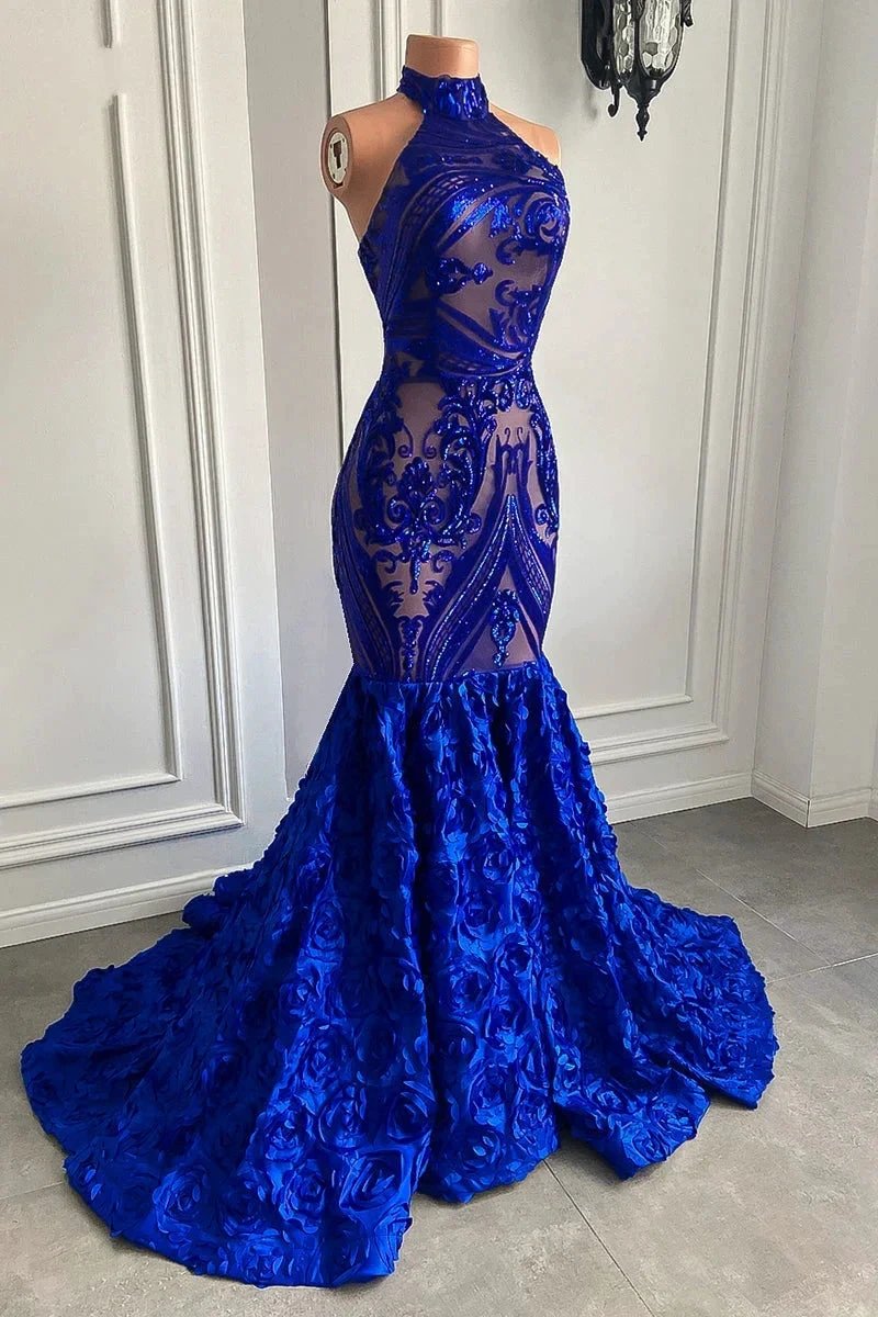 Glamorous Long Royal Blue Halter Lace Flowers Sleeveless Mermaid Prom Dress by misshow.com
