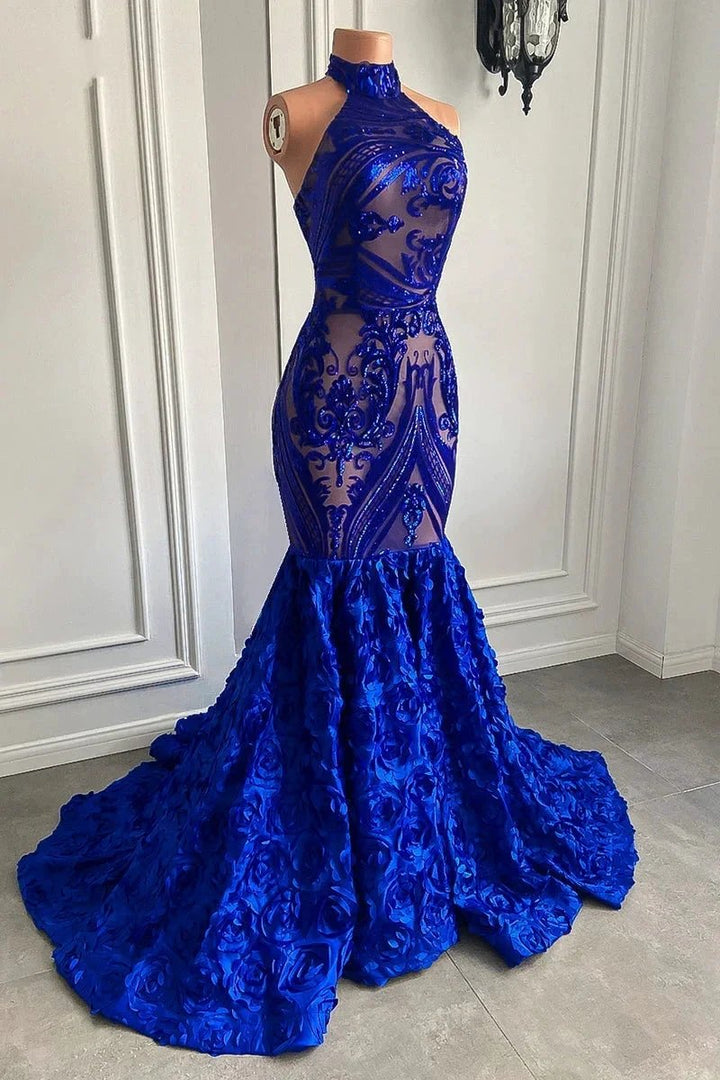 Glamorous Long Royal Blue Halter Lace Flowers Sleeveless Mermaid Prom Dress by misshow.com