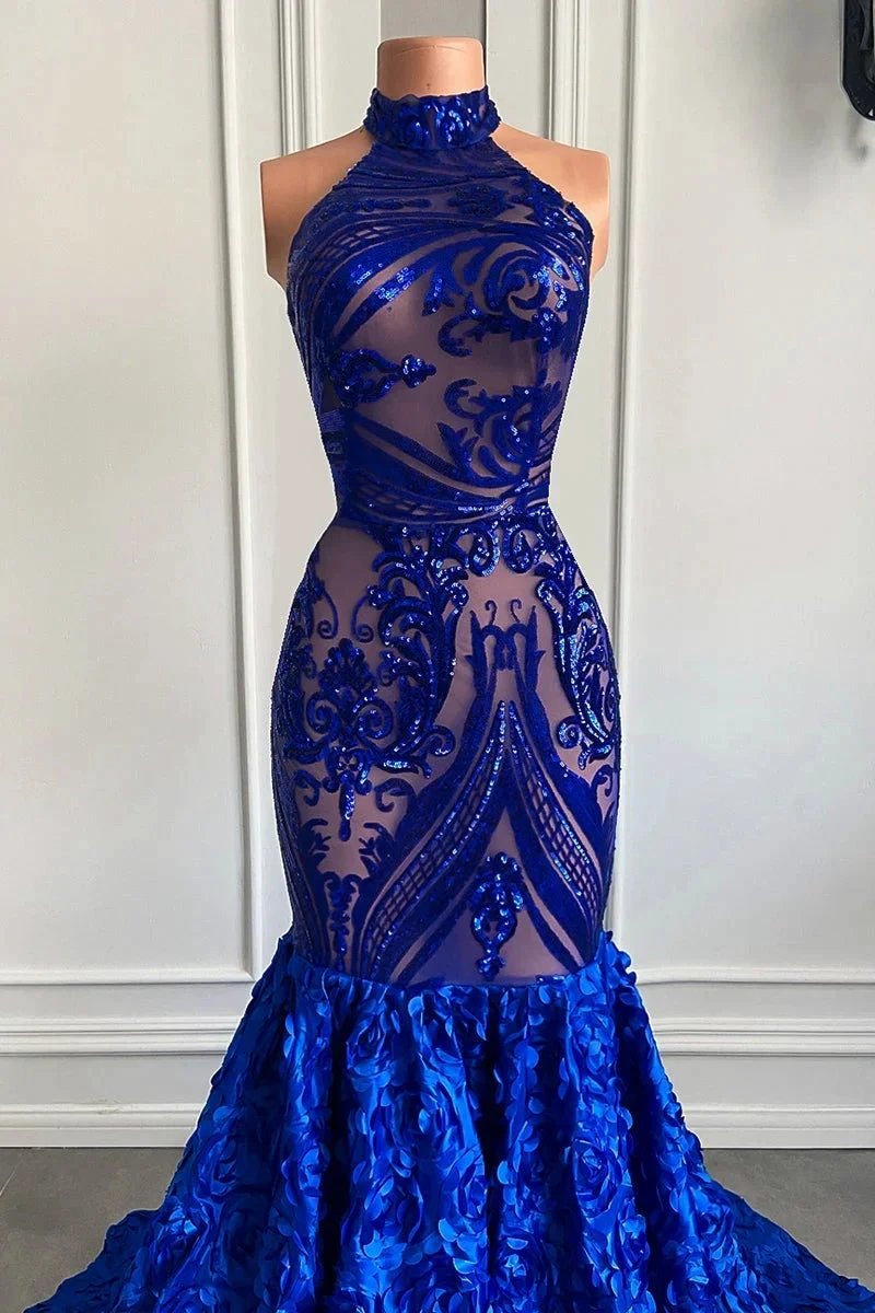 Glamorous Long Royal Blue Halter Lace Flowers Sleeveless Mermaid Prom Dress by misshow.com