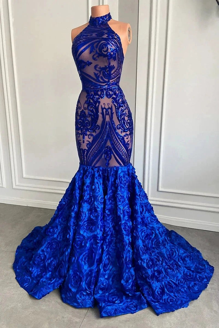 Glamorous Long Royal Blue Halter Lace Flowers Sleeveless Mermaid Prom Dress by misshow.com