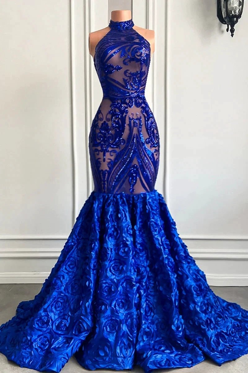 Glamorous Long Royal Blue Halter Lace Flowers Sleeveless Mermaid Prom Dress by misshow.com