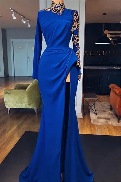 Glamorous Long Royal Blue High Neck Long Sleeves Lace Prom Dress With Slit by misshow.com