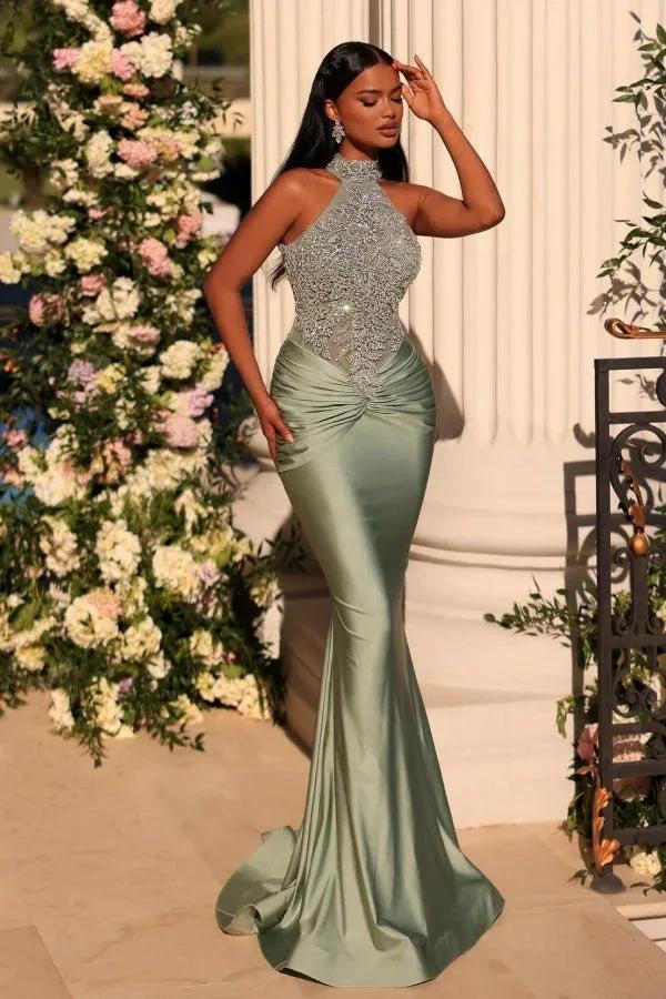 Glamorous Long Sage Mermaid High Neck Sleeveless Lace Prom Dress by misshow.com