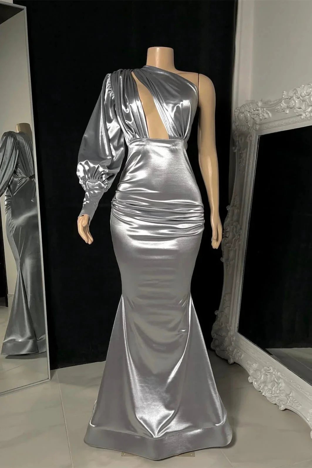 Glamorous Long Silver One Shoulder Mermaid Prom Dress by misshow.com