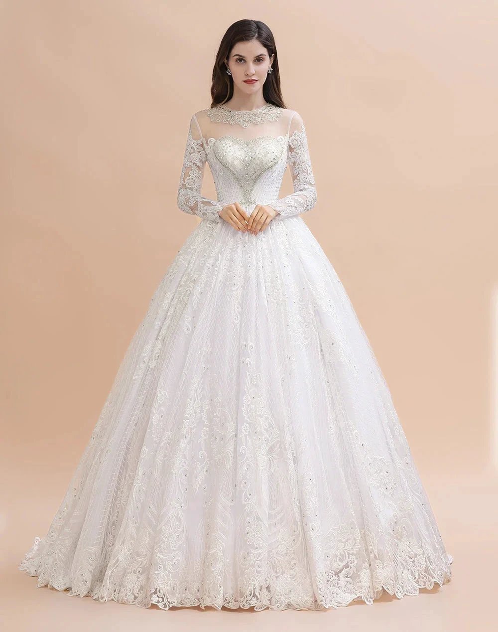 Glamorous Long Sleeve Beads White/Ivory Lace Appliques Wedding Dress by misshow.com