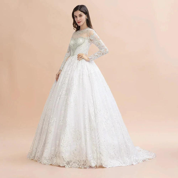 Glamorous Long Sleeve Beads White/Ivory Lace Appliques Wedding Dress by misshow.com