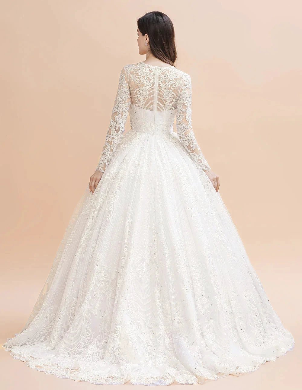 Glamorous Long Sleeve Beads White/Ivory Lace Appliques Wedding Dress by misshow.com