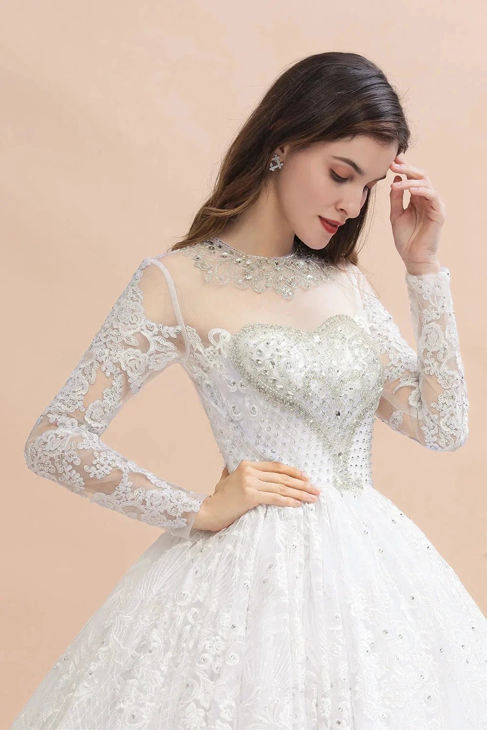 Glamorous Long Sleeve Beads White/Ivory Lace Appliques Wedding Dress by misshow.com