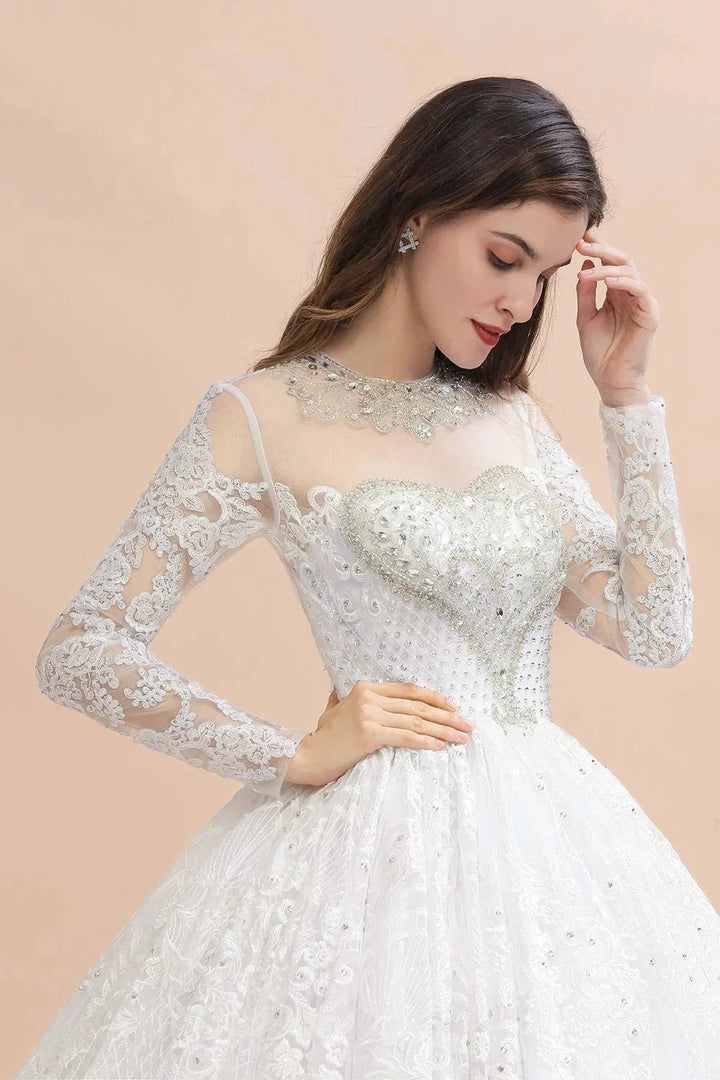 Glamorous Long Sleeve Beads White/Ivory Lace Appliques Wedding Dress by misshow.com