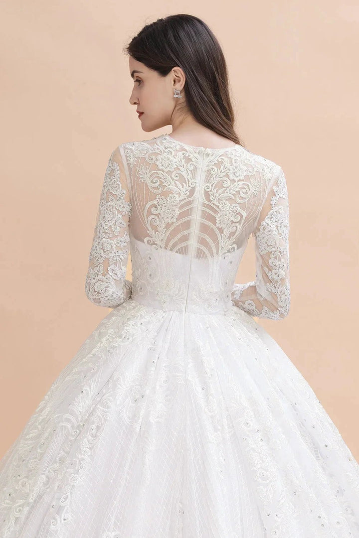 Glamorous Long Sleeve Beads White/Ivory Lace Appliques Wedding Dress by misshow.com