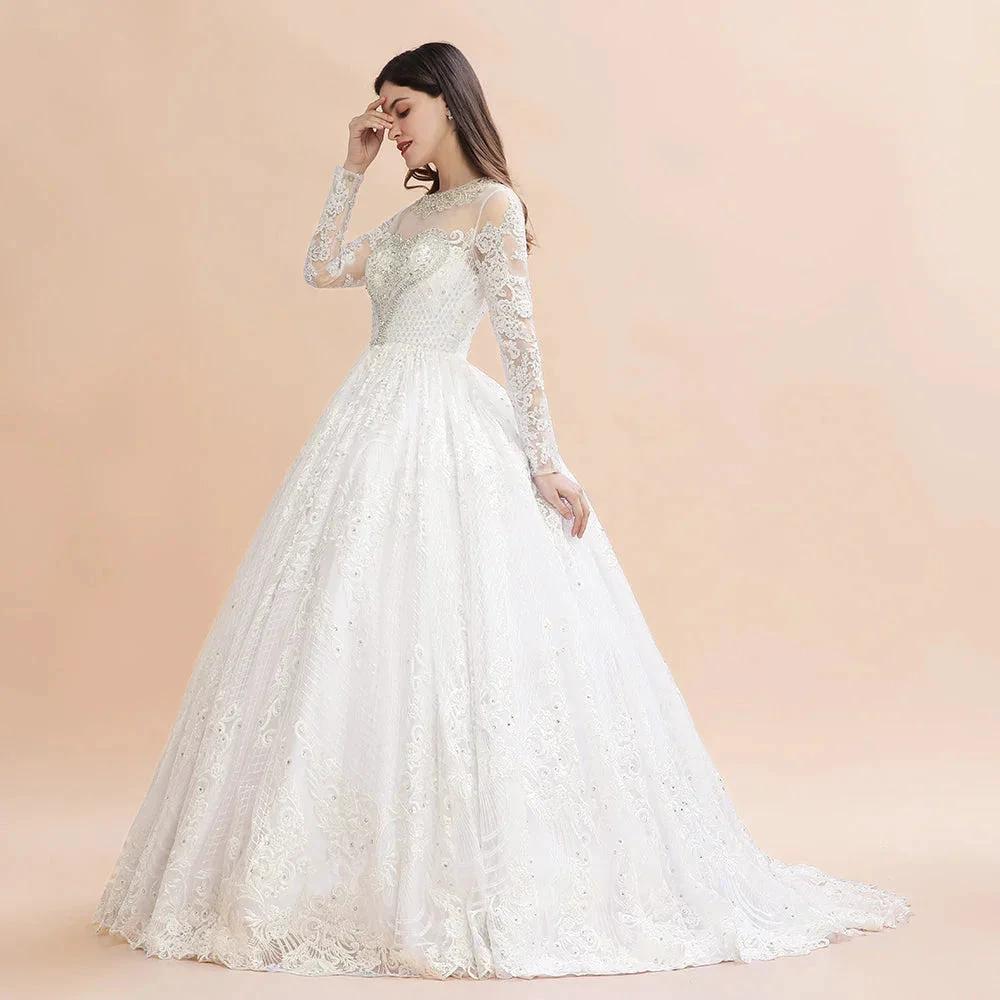 Glamorous Long Sleeve Beads White/Ivory Lace Appliques Wedding Dress by misshow.com