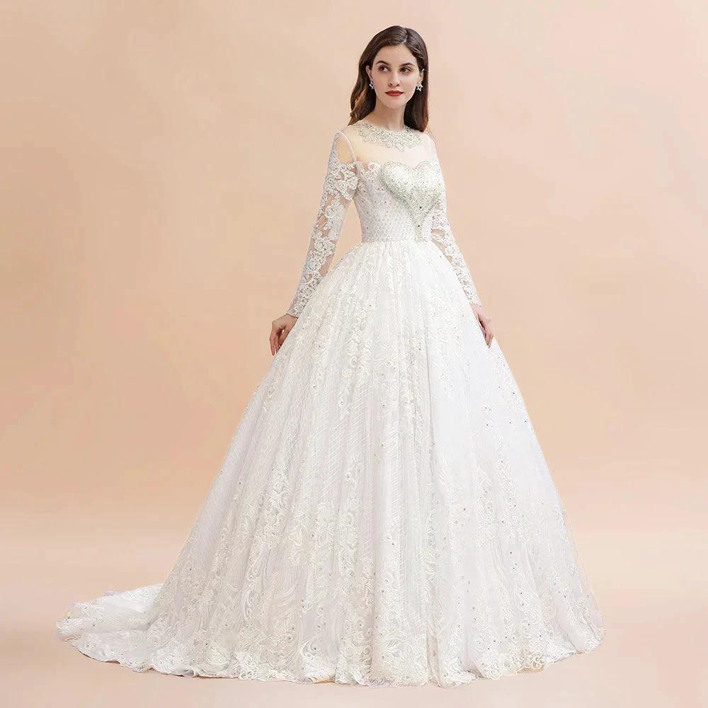 Glamorous Long Sleeve Beads White/Ivory Lace Appliques Wedding Dress by misshow.com