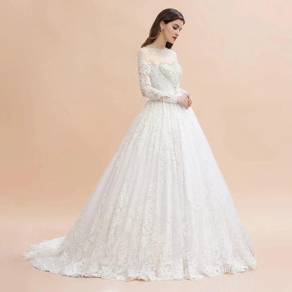 Glamorous Long Sleeve Beads White/Ivory Lace Appliques Wedding Dress by misshow.com
