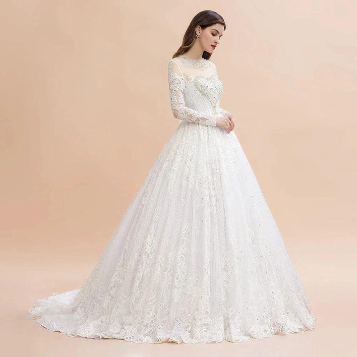 Glamorous Long Sleeve Beads White/Ivory Lace Appliques Wedding Dress by misshow.com