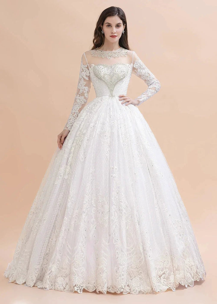 Glamorous Long Sleeve Beads White/Ivory Lace Appliques Wedding Dress by misshow.com