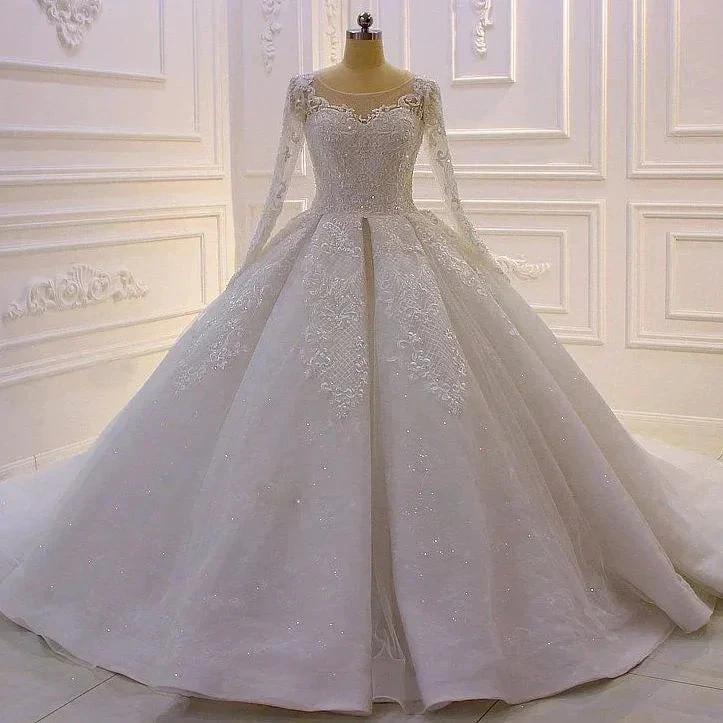 Glamorous Long Sleeves A-line Princess Satin Wedding Dress With Lace by misshow.com