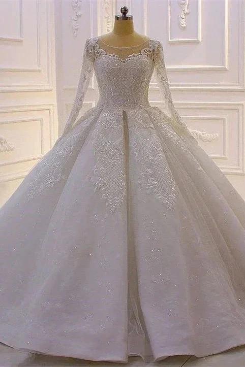 Glamorous Long Sleeves A-line Princess Satin Wedding Dress With Lace by misshow.com