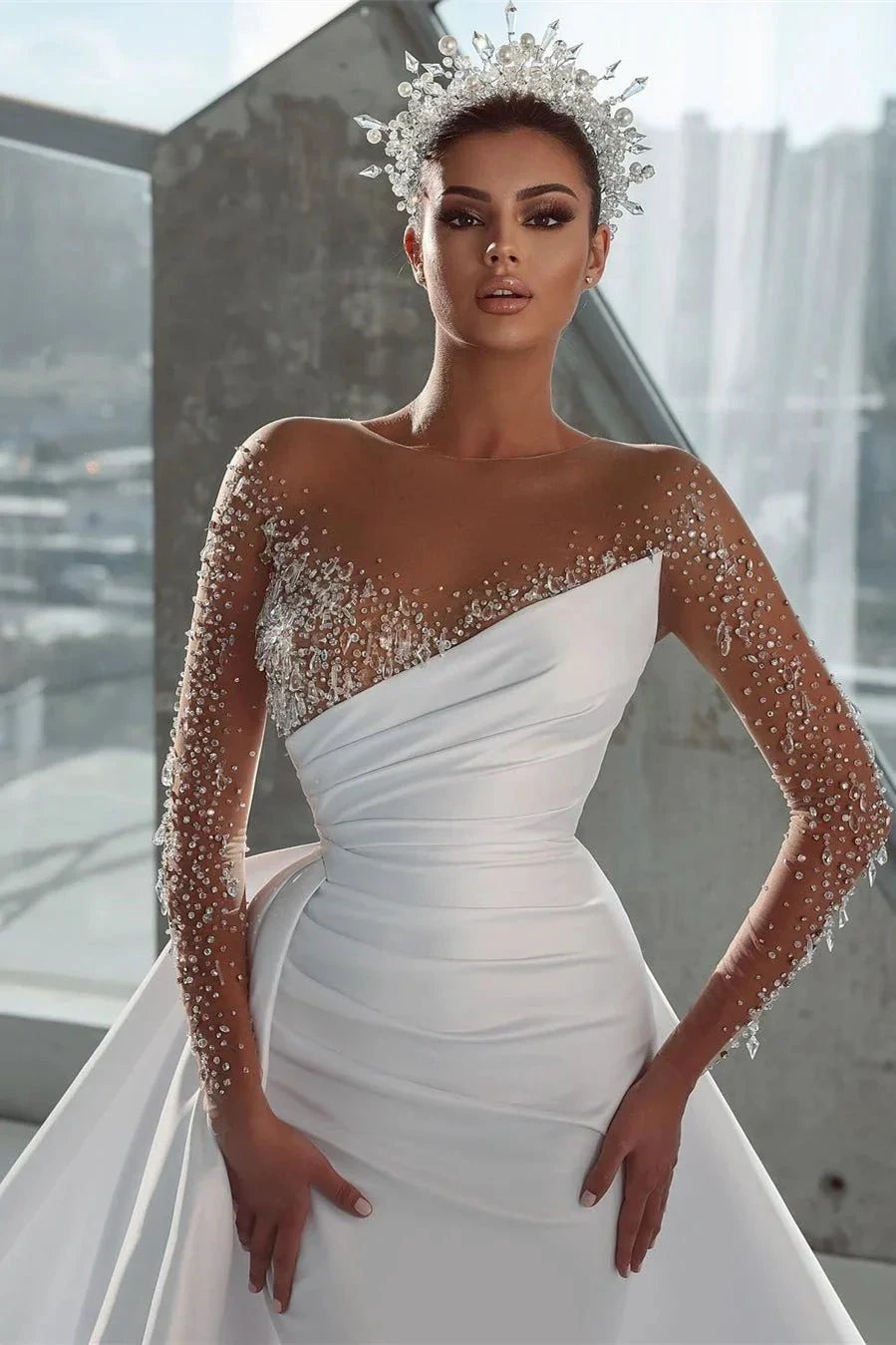 Glamorous Long White Long Sleeves Satin Crystal Wedding Dress With Detachable Train by misshow.com
