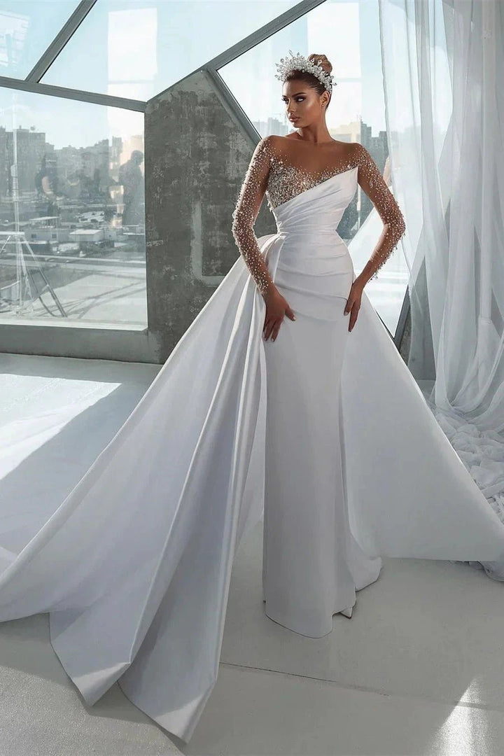 Glamorous Long White Long Sleeves Satin Crystal Wedding Dress With Detachable Train by misshow.com