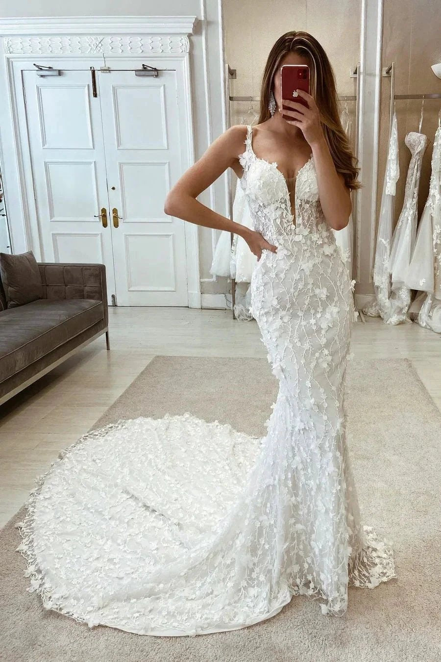 Glamorous Mermaid Straps V-neck Flowers Wedding Dress With Train by misshow.com